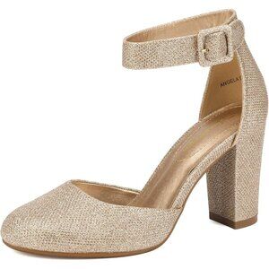 Dream Pairs Women Gold Glitter Faux Suede Block High Heel Closed Toe Sandal